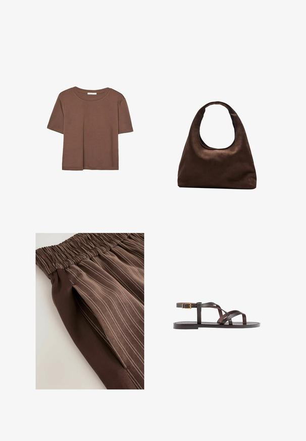 Hnědé tričko s krátkým rukávem vyrobené z měkké látky, s kulatým výstřihem a volným střihem. Bez viditelných vzorů nebo dekorací.; Hnědá skládací sukně s elastickým pasem, zdobená vertikálními pruhy v světlejších odstínech. Hladká textura, látka se jemně splývá.; Hnědé kožené sandály s kříženými pásky, uzavřením na přezku u kotníku a plochou podrážkou s minimem švů.; Měkká hnědá kabelka ve stylu hobo s jedním širokým popruhem a zakřiveným horním otvorem, vystavená na bílém pozadí.