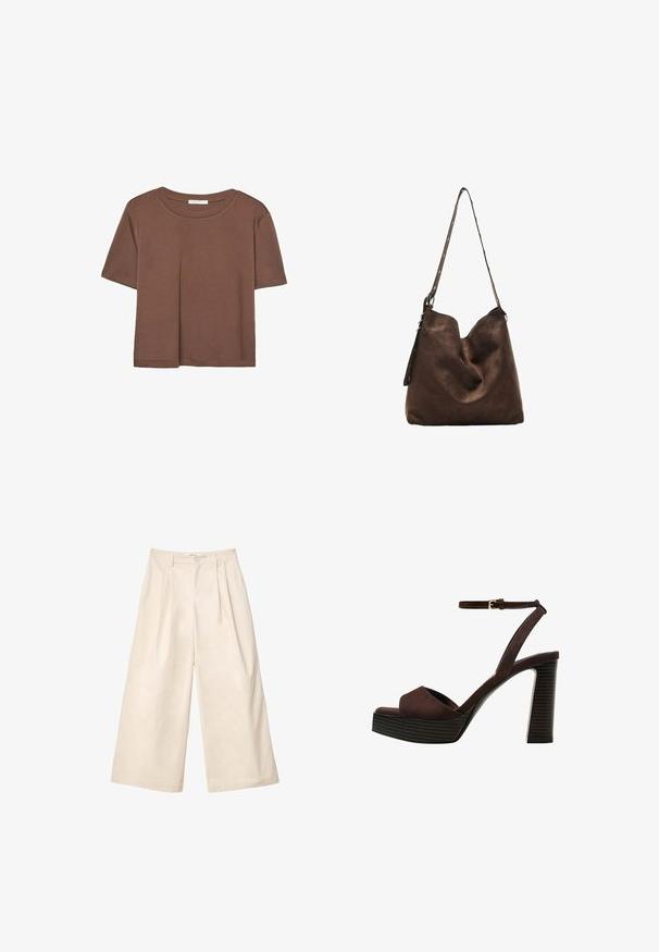 Brown short-sleeve t-shirt made of soft fabric, with a round neckline and relaxed fit. No visible patterns or accents.; Beige wide-leg trousers made of soft fabric with a high waist, featuring pleats and a front button closure. Smooth texture and tailored design.; Brown suede high-heeled sandal with an open toe, adjustable ankle strap, and a striped platform sole.; Brown suede hobo bag with a curved top, a long strap with dot accents, and a soft texture. Features slouchy design for casual use.