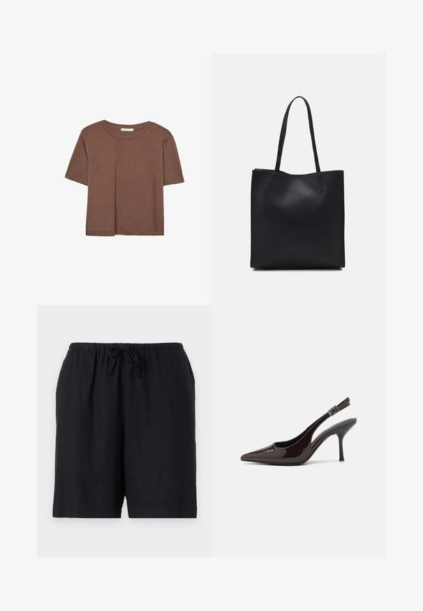 Brun kortärmad t-shirt i mjukt tyg, med rund halsringning och avslappnad passform. Inga synliga mönster eller detaljer.; Svarta shorts i lättviktig tyg med elastiskt midjeband och snörning. Har en enkel design och knälång längd.; Högklackad slingback-sko i blankt mörkbrunt lackläder, spetsig tå, öppna sidor och justerbart ankelsnöre.; Svart lädertoffelväska med slät textur, rektangulär form och två långa handtag. Ingen synlig hårdvara eller dekorationer.