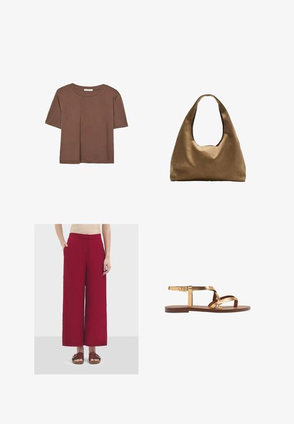 Maglietta a maniche corte marrone realizzata in tessuto morbido, con scollatura rotonda e vestibilità rilassata. Nessun motivo o dettaglio visibile.; Pantaloni a gamba ampia in un tessuto rosso scuro e strutturato. Presentano tasche laterali e una vita cucita. Abbinati a sandali marroni.; Sandali piatti metallici dorati con numerose cinghie larghe, una cinghia alla caviglia con fibbia e una suola piatta marrone. Texture liscia in tutto il prodotto.; Borsa a spalla in tessuto marrone con un corpo ampio e arrotondato e una grande maniglia a taglio. Texture morbida, design minimalista e senza hardware visibile.
