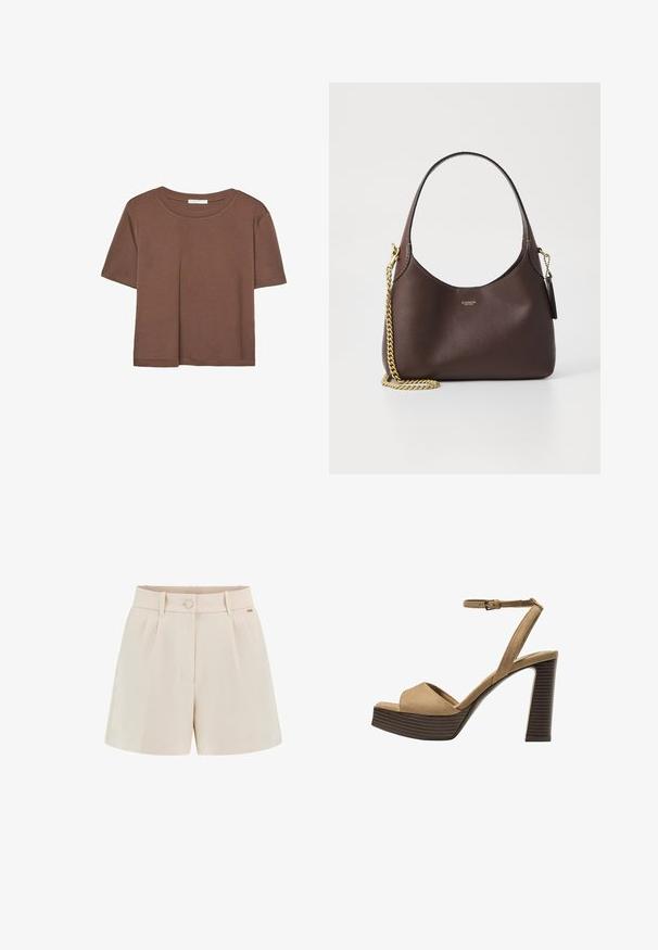Braunes, kurzärmliges T-Shirt aus weichem Material mit rundem Halsausschnitt und lockerer Passform. Keine sichtbaren Muster oder Akzente.; Beige maßgeschneiderte Shorts mit Falten, einer vorderen Knopfleiste und seitlichen Taschen. Hergestellt aus glattem Stoff mit einem sauberen Finish und subtilen Markendetails.; Beige Wildleder-Pumps mit hohem Absatz, breitem Vorderband und Knöchelriemen, ausgestattet mit einem klobigen Holzblockabsatz mit strukturiertem Finish.; COACH BROOKLYN SHOULDER BAG 23 - Handtasche - maple