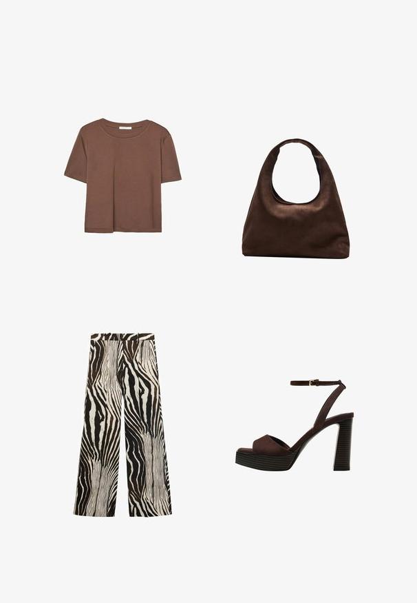 Maglietta a maniche corte marrone realizzata in tessuto morbido, con scollatura rotonda e vestibilità rilassata. Nessun motivo o dettaglio visibile.; Pantaloni a gamba larga con una stampa zebrata audace in bianco e nero con accenti marroni; realizzati in tessuto leggero, dalla texture liscia.; Sandal in camoscio marrone con tacco alto, punta aperta, cinturino alla caviglia regolabile e suola a piattaforma striata.; Borsa hobo di un morbido marrone con una sola tracolla larga e un'apertura a manico curvo, esposta su uno sfondo bianco.