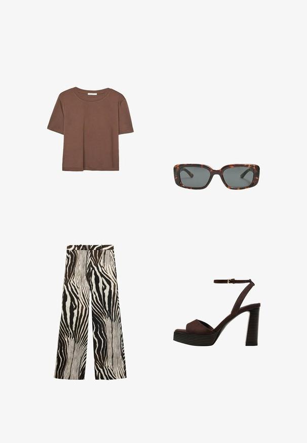 Kahvinsävyinen lyhythihainen t-paita, joka on valmistettu pehmeästä kankaasta. Pyöreä pääntie ja rento malli. Ei näkyviä kuvioita tai koristeita.; Housut, joissa on leveät lahkeet ja rohkea zebra-kuviointi mustavalkoisena ruskeilla korostuksilla; valmistettu kevyesti kankaasta, sileä rakenne.; Ruske kožne sandale s visokom potpeticom, otvorenim prstima, podesivim kopčanjem oko gležnja i prugastim platformskim đonom.; Silmälasit pähkinäkuoresta, joissa on suorakulmaiset linssit, paksut kehykset ja tummennetut linssit. Sileä pinta ja minimalistinen muotoilu.
