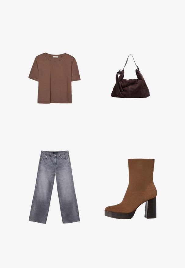 Smeđi kratki rukav majica od mekog materijala, s okruglim izrezom i opuštenim krojem. Nema vidljivih uzoraka ili naglasaka.; Široke sive traperice od denima sa izblijedjelim završetkom, zatvaranjem na dugme i dizajnom s pet džepova. Značajke uključuju dvostruko šivane šavove i srebrni hardver.; Smeđe nubuk čizme do gležnja s zaobljenim nosom, debelim crnim prugastim potplatom i glatkom površinom. Imaju uski dizajn bez vidljivog hardvera.; Tamnosmeđa zamština hobo torba za rame s širokim podešavajućim kožnim remenom i mekim, opuštenim oblikom na bijeloj pozadini.