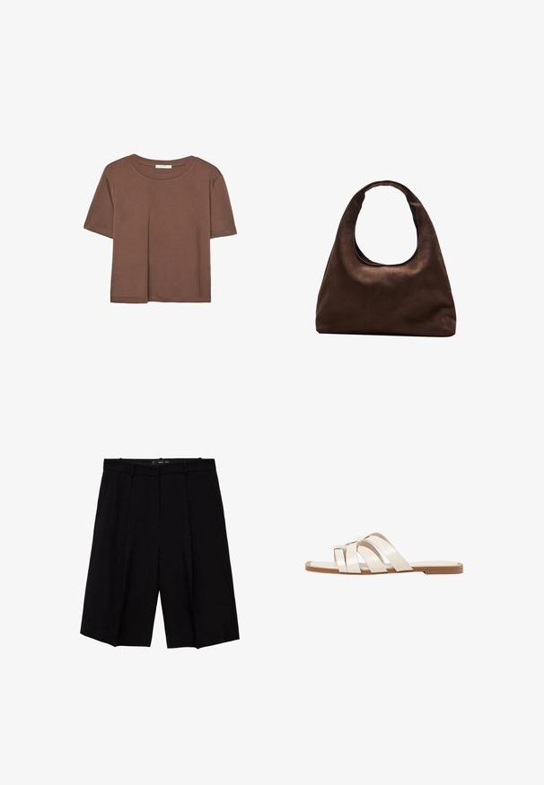 Kahvinsävyinen lyhythihainen t-paita, joka on valmistettu pehmeästä kankaasta. Pyöreä pääntie ja rento malli. Ei näkyviä kuvioita tai koristeita.; Mustat muotitummat shortsit, joissa on leveät lahkeet ja etuosassa laskokset. Valmistettu sileästä kankaasta, suunniteltu näyttämään rakenteellisesti istuvalta.; Tason vaaleanruskealla kumipohjalla, jossa on kolme päällekkäistä valkoista nahkaremmiä ja pieni satiininen rusetti keskellä.; Pehmeä ruskea hobo-tyylinen käsilaukku, jossa on yksi leveä olkahihna ja kaareva yläosan aukko, esitelty valkoista taustaa vasten.