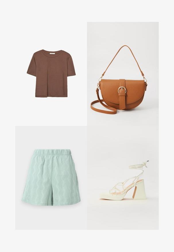 Braunes, kurzärmliges T-Shirt aus weichem Material mit rundem Halsausschnitt und lockerer Passform. Keine sichtbaren Muster oder Akzente.; Hellgrüne, strukturierte Shorts mit einem elastischen Bund und Zickzackmuster. Verfügt über seitliche Schlitze für zusätzlichen Komfort und Luftzirkulation.; Weiße High-Heel-Sandale mit einem klobigen Absatz, die über ein Riemchendesign und ein Knöchelband verfügt. Glatte Textur mit einer Plattform vorne für zusätzliche Höhe.; Braune Leder-Crossbody-Tasche mit geschwungener Form, goldfarbenen Beschlägen und einer Schnallenakzentuierung. Verfügt über einen abnehmbaren Schultergurt.