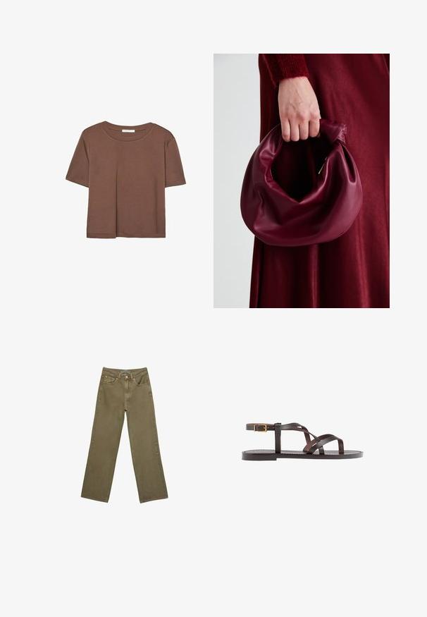 Kahvinsävyinen lyhythihainen t-paita, joka on valmistettu pehmeästä kankaasta. Pyöreä pääntie ja rento malli. Ei näkyviä kuvioita tai koristeita.; Vihreät leveälahkeiset farkut, valmistettu puuvillasta, jossa on kestävä pinta. Ominaisuuksiin kuuluu vetskari, viisi taskua ja erottuva ommel vyötärön kohdalla.; Ruske kožne sandale s križnim trakama, zatvaranjem na kopču oko gležnja i ravnim potplatom s minimalnim detaljima šivanja.; Burgundy-nahkakäsilaukku, jossa on pehmeä, ryppyinen muotoilu ja pyöreä muoto. Kahva on kiinnitetty tukevasti, ja siinä on sileä pinta.