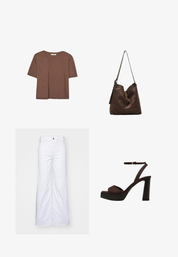 Brun kortærmet t-shirt lavet af blødt stof, med rund halsudskæring og afslappet pasform. Ingen synlige mønstre eller detaljer.; Hvide bredde benbukser lavet af denim, med knaplukning og bæltestropper. Glat tekstur med ren syning og uden mønstre.; Brune ruskinds højhælede sandal med åben tå, justerbar ankelrem og en stribet plade sål.; Brun suede hobo taske med en buet top, en lang rem med prikkede detaljer og en blød tekstur. Har et slouchy design til afslappet brug.