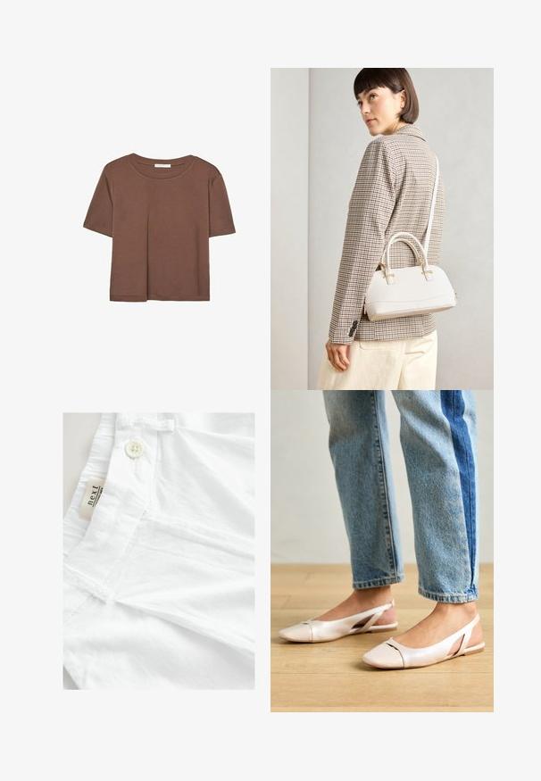Braunes, kurzärmliges T-Shirt aus weichem Material mit rundem Halsausschnitt und lockerer Passform. Keine sichtbaren Muster oder Akzente.; Weiße Hosen aus leichtem Stoff, mit einem Knopfverschluss, flachem Bund und einem Etikett mit der Aufschrift "next". Glatte Textur und ohne Muster.; Blassrosa Slingback-Ballerinas mit spitzem Punkt, aus einem glatten, lederähnlichen Material. Mit Ausschnitten an den Seiten und einem flachen Absatz.; Weiße strukturierte Handtasche mit kurzen Griffen und einem Schultergurt, ausgestattet mit goldfarbenen Hardware-Elementen und strukturiertem Material, vor einem grauen Hintergrund präsentiert.