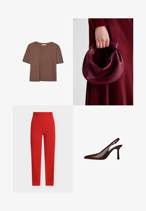Braunes, kurzärmliges T-Shirt aus weichem Material mit rundem Halsausschnitt und lockerer Passform. Keine sichtbaren Muster oder Akzente.; Rote maßgeschneiderte Hose mit glatter Textur, geradem Schnitt, Gürtelschlaufen und Fronttaschen. Verfügt über ein sauberes, minimalistisches Design.; Braune Leder-Slingback-Pumps mit spitzer Zehenform und dünnem Absatz. Sie verfügen über eine kleine Akzent-Schnalle am Riemen und eine glänzende Oberfläche.; Burgunderleder-Handtasche mit einem weichen, gerafften Design und einer gerundeten Form. Der Griff ist gesichert und zeigt eine glatte Textur.