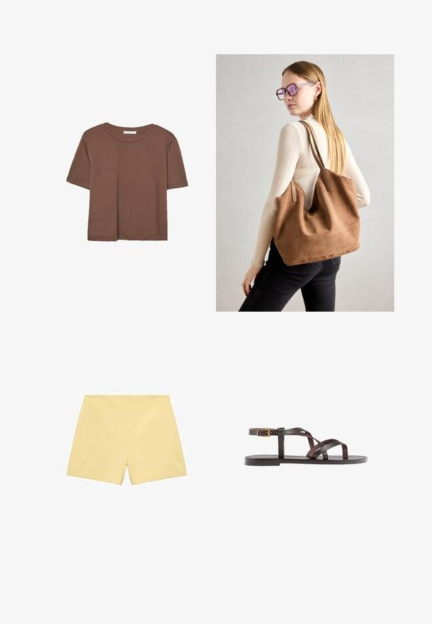 Rjava kratka majica s kratkimi rokavi iz mehkega materiala, s krožnim izrezom in ohlapnim krojem. Brez vidnih vzorcev ali dodatkov.; Mango Kratke hlače - light yellow; Rjav usnjen sandal z načinom prečnega črta, zaklepom okoli gležnja in ravnim podplatom z minimalnimi šivi.; Rjava semišna torba z mehko teksturo, velikim odprtjem in dolgimi ročaji. Ima preprost dizajn z vidnim šivanjem in brez okovja.
