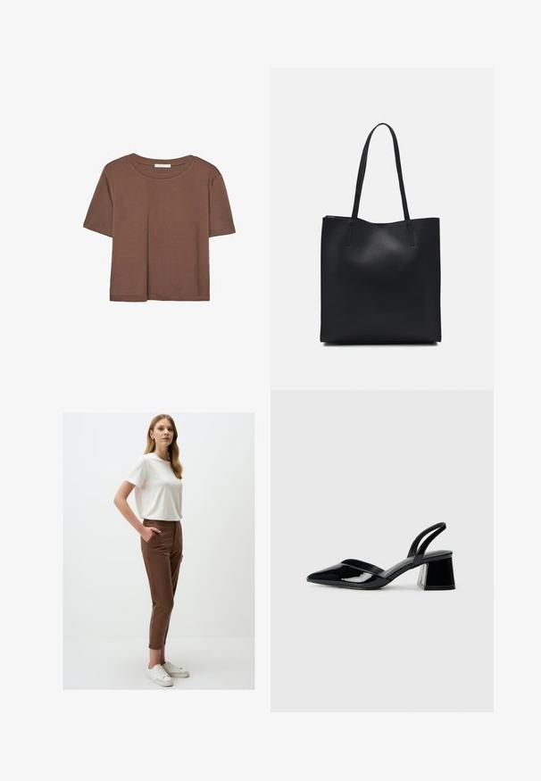 Brązowa koszulka z krótkim rękawem, wykonana z miękkiego materiału, z okrągłym dekoltem i luźnym krojem. Brak widocznych wzorów lub akcentów.; Biała koszulka z krótkim rękawem zestawiona z brązowymi dopasowanymi spodniami, posiadającymi boczne kieszenie i gładką teksturę, uzupełniona białymi trampkami.; Czarne lakierowane półbuty na obcasie z wydłużonym noskiem i geometrycznym słupkiem. Charakteryzują się eleganckim, minimalistycznym designem oraz gładką fakturą.; Czarna skórzana torba tote o gładkiej fakturze, prostokątnym kształcie i dwóch długich uchwytach. Brak widocznych elementów metalowych i ozdób.