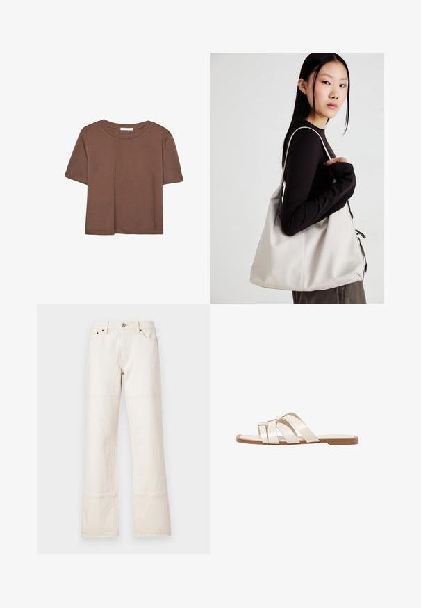 Braunes, kurzärmliges T-Shirt aus weichem Material mit rundem Halsausschnitt und lockerer Passform. Keine sichtbaren Muster oder Akzente.; Weite, hoch geschnittene Jeans aus beigem Denim. Mit Taschen, einem Knopfverschluss vorne und kontrastierenden Nähten entlang der Nähte.; Flache Sandalen mit einer honigfarbenen Gummisohle, gestaltet mit drei überlappenden weißen Lederriemen und einem kleinen Schleifendetail in der Mitte.; Beige Handtasche aus weichem Material, mit einem lässigen Design, gesteppten Details und zwei Schulterriemen. Geeignet für den täglichen Gebrauch.