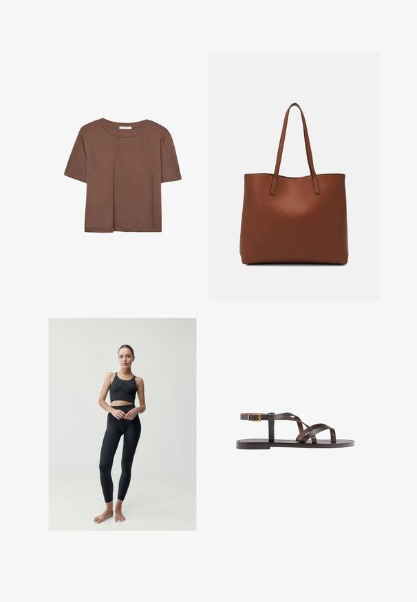 Hnědé tričko s krátkým rukávem vyrobené z měkké látky, s kulatým výstřihem a volným střihem. Bez viditelných vzorů nebo dekorací.; Černá sportovní souprava obsahující úzce střižený crop top s širokými ramínky a legíny s vysokým pasem. Materiál má hladkou texturu a jemné švy.; Hnědé kožené sandály s kříženými pásky, uzavřením na přezku u kotníku a plochou podrážkou s minimem švů.; Hnědá kožená taška přes rameno s hladkou texturou, otevřeným designem a dvěma ramenními popruhy. Obsahuje minimální švy a žádné viditelné kovové prvky.