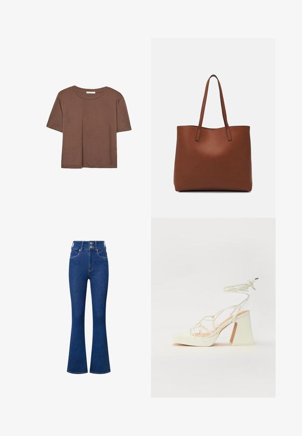 Rjava kratka majica s kratkimi rokavi iz mehkega materiala, s krožnim izrezom in ohlapnim krojem. Brez vidnih vzorcev ali dodatkov.; Visoko pasovi flared kavbojke v temno modrem denimu. Imajo zapiranje na dva gumba, sprednje žepe in subtilne šive ob šivih.; Bela sandala na visokih petah s debelim petam, ki ima obliko trakcev in vezanje okoli gležnja. Gladka tekstura z platformo spredaj za dodatno višino.; Rjava usnjena torba z gladko teksturo, odprto zasnovo zgoraj in dvema naramnima trakovoma. Opremljena je z minimalnim šivanjem in brez vidnih kovinskih delov.