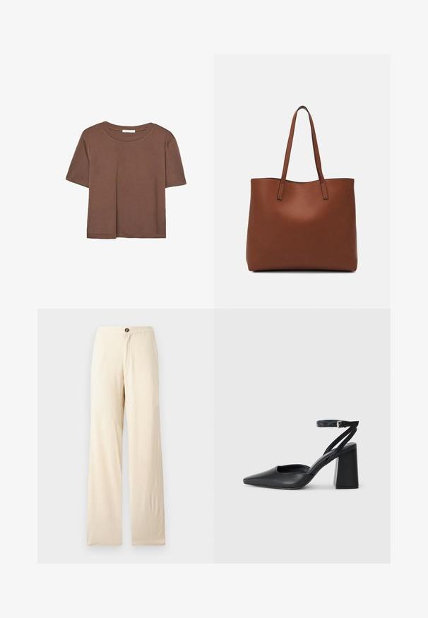 Smeđi kratki rukav majica od mekog materijala, s okruglim izrezom i opuštenim krojem. Nema vidljivih uzoraka ili naglasaka.; Bež hlače širokih nogavica od laganega materiala. Imajo sprednjo zaponko in ravne robove. Gladka struktura z minimalnimi šivi.; Crne kožne cipele s špicastim vrhom, remenom oko gležnja i debelim potplatom. Ravna tekstura, elegantan dizajn i minimalistička estetika.; Smeđa kožna torba preko ramena s glatkom teksturom, otvorenim vrhom i dvjema naramenicama. Ima minimalne šavove i nema vidljivog hardvera.