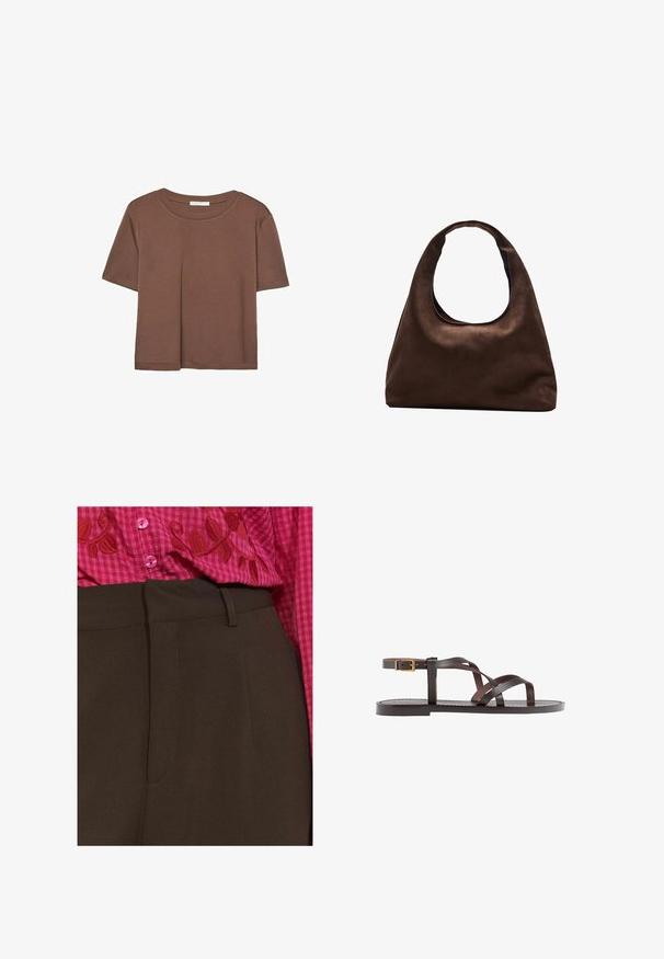 Hnědé tričko s krátkým rukávem vyrobené z měkké látky, s kulatým výstřihem a volným střihem. Bez viditelných vzorů nebo dekorací.; Hnědé kalhoty s hladkým texturem, které mají boční kapsy a štíhlý střih. Spárovány s růžovou kostkovanou košili, na které jsou vyšity červené listy.; Hnědé kožené sandály s kříženými pásky, uzavřením na přezku u kotníku a plochou podrážkou s minimem švů.; Měkká hnědá kabelka ve stylu hobo s jedním širokým popruhem a zakřiveným horním otvorem, vystavená na bílém pozadí.