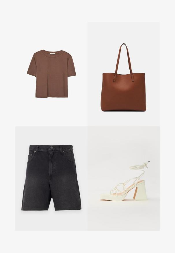 Kahvinsävyinen lyhythihainen t-paita, joka on valmistettu pehmeästä kankaasta. Pyöreä pääntie ja rento malli. Ei näkyviä kuvioita tai koristeita.; Mustat farkkushortsit suoran leikkauksen omaavina, joissa on napitus, etutaskut ja teksturoitu kangas. Minimalistinen muotoilu, ilman näkyviä kuvioita.; Valkoinen korkokenkä, jossa on paksu korko, ja joka sisältää nauhakiinnityksen ja nilkkaketjun. Sujuva pinta, jossa on platform-etupohja lisäkorkeutta varten.; Ruskea nahkainen olkalaukku, jossa on sileä pinta, avoin yläosa ja kaksi olkahihnaa. Omaavat vain minimaalisen ompelun eikä näkyvää metalliosaa.