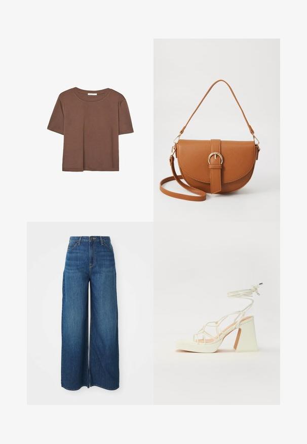 Brązowa koszulka z krótkim rękawem, wykonana z miękkiego materiału, z okrągłym dekoltem i luźnym krojem. Brak widocznych wzorów lub akcentów.; Jeansy z kolorze niebieskim, o wysokim stanie i szerokich nogawkach, z kieszeniami z przodu, szlufkami na pasek, zapięciem na guzik i widocznym przeszyciem na białym tle.; Biała sandał na wysokim obcasie z masywnym słupkiem, z paskowym wzorem i wiązaniem przy kostce. Gładka faktura z platformą z przodu dla dodatkowej wysokości.; Brązowa skórzana torba na ramię o zaokrąglonym kształcie, ze złotymi akcentami i zapięciem w formie klamry. Posiada odpinany pasek na ramię.