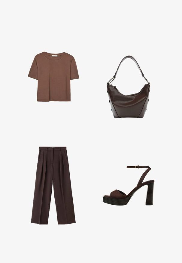 Smeđi kratki rukav majica od mekog materijala, s okruglim izrezom i opuštenim krojem. Nema vidljivih uzoraka ili naglasaka.; Smeđa široka hlače izrađene od teksturiranog materijala, sa prednjim plisama, bočnim džepovima i klasičnim dizajnom struka.; Smeđe zamšaste sandale s visokim potpeticama, otvorenim prstima, podesivom trakicom oko gležnja i prugastom platformom.; Tamno smeđa kožna torba sa zakrivljenim oblikom, zatvaranjem na zip i kratkom drškom. Ima metalne detalje i dekorativne crne dugmadi sa strane.