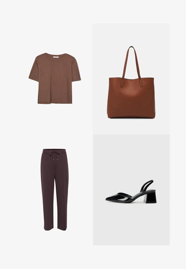 Braunes, kurzärmliges T-Shirt aus weichem Material mit rundem Halsausschnitt und lockerer Passform. Keine sichtbaren Muster oder Akzente.; Dunkelbraune Jogginghose mit einem Kordelzugbund, Seitentaschen und einem lässigen Schnitt. Weicher Stoff mit glatter Textur und geradem Bein.; Schwarze Lackleder-Slingback-High Heels mit spitzem Schuh und einem geometrischen Blockabsatz. Verfügt über ein schlankes, minimalistisches Design und eine glatte Textur.; Braune Leder-Tote mit glatter Textur, offenem Oberteil und zwei Schulterriemen. Verfügt über minimale Nähte und keine sichtbaren Beschläge.