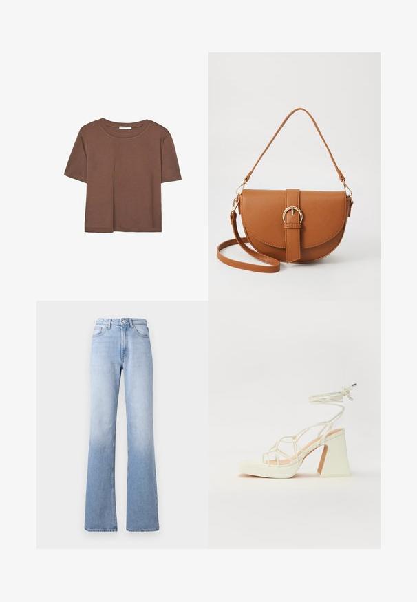 Rjava kratka majica s kratkimi rokavi iz mehkega materiala, s krožnim izrezom in ohlapnim krojem. Brez vidnih vzorcev ali dodatkov.; Svijetloplave trapke s razvedenim nogavicama i visokim strukom, s klasičnim dizajnom s pet džepova, suptilnim izblijedjenjem i zatvaračem na rajsferšlus s kopčanjem.; Bela sandala na visokih petah s debelim petam, ki ima obliko trakcev in vezanje okoli gležnja. Gladka tekstura z platformo spredaj za dodatno višino.; Rjava usnjena torbica prek telesa s ukrivljeno obliko, zlate opreme in sponko. Ima odstranljiv naramni trak.