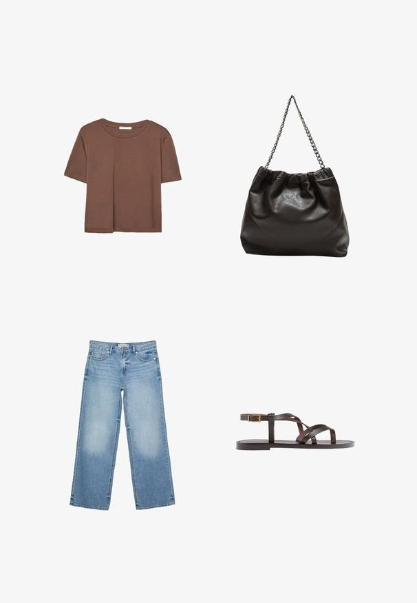 Rjava kratka majica s kratkimi rokavi iz mehkega materiala, s krožnim izrezom in ohlapnim krojem. Brez vidnih vzorcev ali dodatkov.; Svetlo modre široke traperice iz denima. Značilnosti vključujejo sprednje žepke, zadrgo in svetlo bledilo vzdolž stegen.; Rjav usnjen sandal z načinom prečnega črta, zaklepom okoli gležnja in ravnim podplatom z minimalnimi šivi.; Rjava usnjena torba z nabranim vrhom in verižnim trakom. Gladka tekstura z sijajno površino in subtilnimi šivi na straneh.