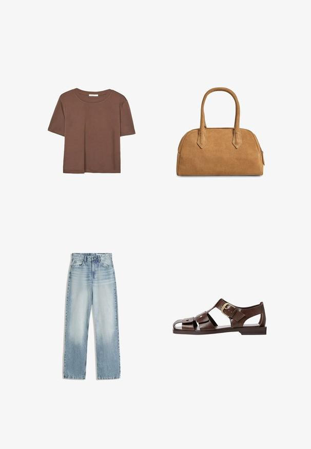T-shirt marron à manches courtes en tissu doux, avec un col rond et une coupe décontractée. Aucun motif ni accent visible.; Jeans en denim bleu clair, taille haute, avec une coupe droite. Comprend un style classique à cinq poches et une décoloration subtile sur l'avant.; Sandale en cuir brun avec un design découpé, boucle ajustable sur le côté et semelle plate, avec des accents en métal et une ouverture au niveau des orteils.; Sac à main en suède beige avec une forme structurée, doté de deux poignées et découpes triangulaires, avec une fermeture éclair sur le dessus.
