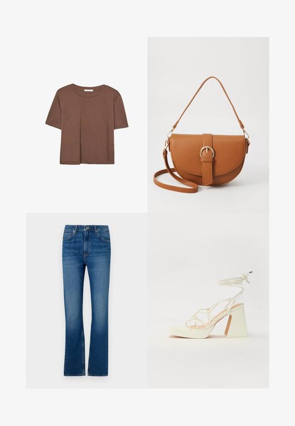 Rjava kratka majica s kratkimi rokavi iz mehkega materiala, s krožnim izrezom in ohlapnim krojem. Brez vidnih vzorcev ali dodatkov.; Modre široke jeans hlače iz denim materiala s petimi žepi, zadrgo in izblitim videzom. Vključujejo šive in standardni pas.; Bela sandala na visokih petah s debelim petam, ki ima obliko trakcev in vezanje okoli gležnja. Gladka tekstura z platformo spredaj za dodatno višino.; Rjava usnjena torbica prek telesa s ukrivljeno obliko, zlate opreme in sponko. Ima odstranljiv naramni trak.
