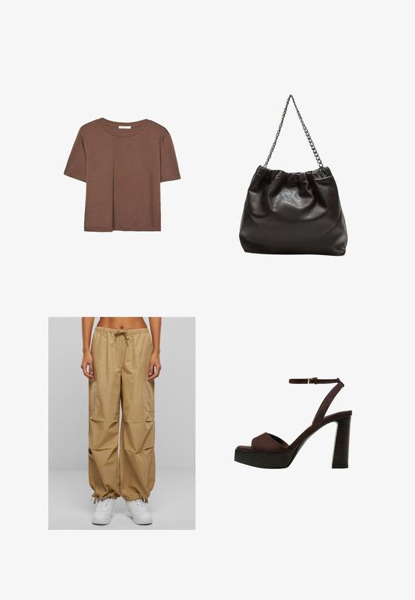 Kahvinsävyinen lyhythihainen t-paita, joka on valmistettu pehmeästä kankaasta. Pyöreä pääntie ja rento malli. Ei näkyviä kuvioita tai koristeita.; Beige cargo-housut, joissa on joustava vyötärö, nyöritys ja sivutaskut. Ominaisuuksiin kuuluvat rypistyneet hihansuut ja kevyt, sileä kangas.; Ruske kožne sandale s visokom potpeticom, otvorenim prstima, podesivim kopčanjem oko gležnja i prugastim platformskim đonom.; Ruskea nahkainen laukku, jossa on kerätty yläosa ja ketjuhihna. Tasainen pinta, jossa kiiltävä viimeistely ja hienovaraiset sauman yksityiskohdat sivuilla.