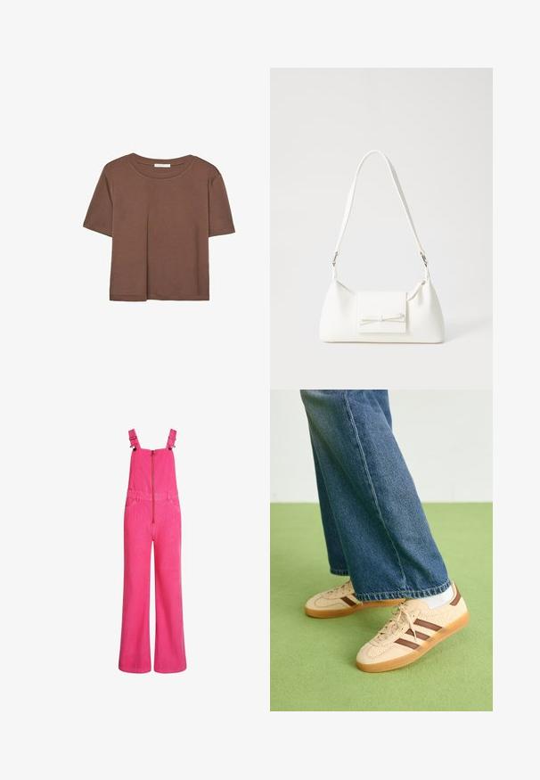 Braunes, kurzärmliges T-Shirt aus weichem Material mit rundem Halsausschnitt und lockerer Passform. Keine sichtbaren Muster oder Akzente.; Helle pinke weite Corduroy-Latzhose mit verstellbaren Schulterträgern, Front-Reißverschluss und Seitentaschen, auf weißem Hintergrund gezeigt.; Beige Sneakers mit strukturierten cremefarbenen Paneelen und braunen Streifen, kombiniert mit blauen Jeans. Die Jeans haben einen weiten Beinschnitt und einen fransigen Saum.; Weiße synthetische Handtasche in dreieckiger Form, flache Vorderklappe und Schleifendetail, verstellbarer Trageriemen, glatte Textur und minimalistisches Design.