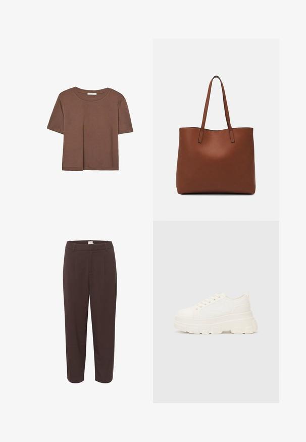 Kahvinsävyinen lyhythihainen t-paita, joka on valmistettu pehmeästä kankaasta. Pyöreä pääntie ja rento malli. Ei näkyviä kuvioita tai koristeita.; Ruskeat housut räätälöitynä muotoiluna, jossa on vyötärö, etupusseja ja suora lahkeellinen leikkaus. Silkkinen rakenne ja minimaalinen yksityiskohtaisuus.; Valkoinen kangaskenkä paksulla pohjalla, pyöreällä kärjellä ja viidellä nauhakuutiolla. Takareunan vipu helpottaa pukemista. Sileä pinta, minimalistinen muotoilu.; Ruskea nahkainen olkalaukku, jossa on sileä pinta, avoin yläosa ja kaksi olkahihnaa. Omaavat vain minimaalisen ompelun eikä näkyvää metalliosaa.