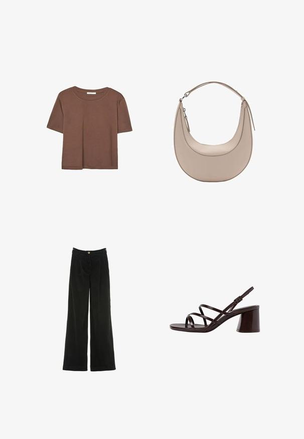 Rjava kratka majica s kratkimi rokavi iz mehkega materiala, s krožnim izrezom in ohlapnim krojem. Brez vidnih vzorcev ali dodatkov.; Črne široke hlače iz korduroja z naborki, z zlatim gumbom za zapiranje in teksturirano površino. Žepov ni vidnih.; Rjave sandale na visoki peti s debelim petom, z gladko, sijajno površino in večkratnimi križnimi trakovi na zgornjem delu.; Bež usnjena torba za rame v obliki kružnice, z gladko teksturo in eno ukrivljeno zanko. Ima zadrgo in urejen šiv.