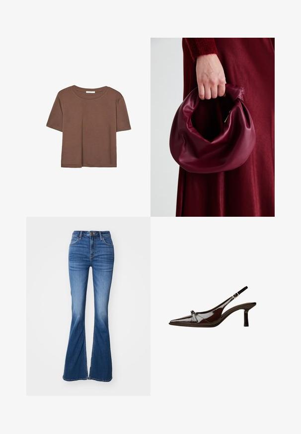 Kahvinsävyinen lyhythihainen t-paita, joka on valmistettu pehmeästä kankaasta. Pyöreä pääntie ja rento malli. Ei näkyviä kuvioita tai koristeita.; Siniset farkut leveällä lahkeella ja keskivahvalla pesulla, joissa on kontrastiväriset tikit, viisi taskua ja etu-napitus.; Ruske patenttimuoviset slingback-kengät, joissa on terävä kärki, matala korko ja koristeellinen kaarroke etuosassa. Sileä, kiiltävä pinta.; Burgundy-nahkakäsilaukku, jossa on pehmeä, ryppyinen muotoilu ja pyöreä muoto. Kahva on kiinnitetty tukevasti, ja siinä on sileä pinta.