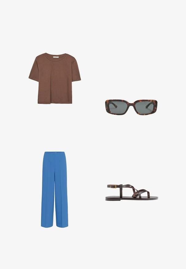 Smeđi kratki rukav majica od mekog materijala, s okruglim izrezom i opuštenim krojem. Nema vidljivih uzoraka ili naglasaka.; Plave široke hlače izrađene od glatkog materijala, s prelom naprijed i ravnim pojasom bez vidljivih kopčanja.; Smeđe kožne sandale s iskrižanim trakama, umetkom za zapešće s kopčanjem i ravnim potplatom s minimalnim detaljima šivanja.; Smešane sunčane naočale s pravokutnim lećama, debelim okvirom i tamnim lećama. Glatka tekstura i minimalistički dizajn.