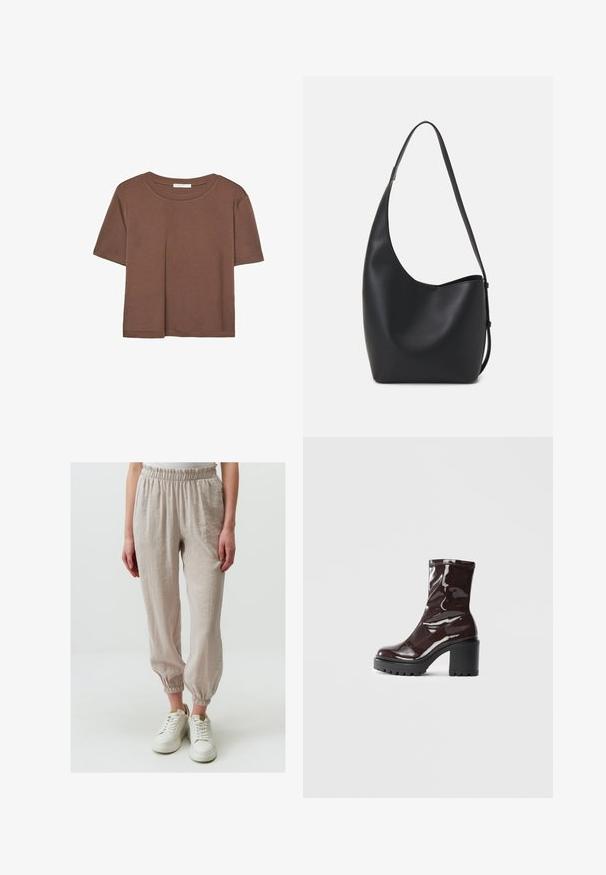Brown short-sleeve t-shirt made of soft fabric, with a round neckline and relaxed fit. No visible patterns or accents.; Light beige pants with an elastic waistband and gathered ankles, made of a textured fabric, paired with white sneakers.; Glossy burgundy ankle boot with a chunky black heel, featuring a smooth texture and simple design. No visible fastenings or patterns.; Black leather hobo bag with a smooth texture, curved shape, and single adjustable strap; features a wide opening at the top.