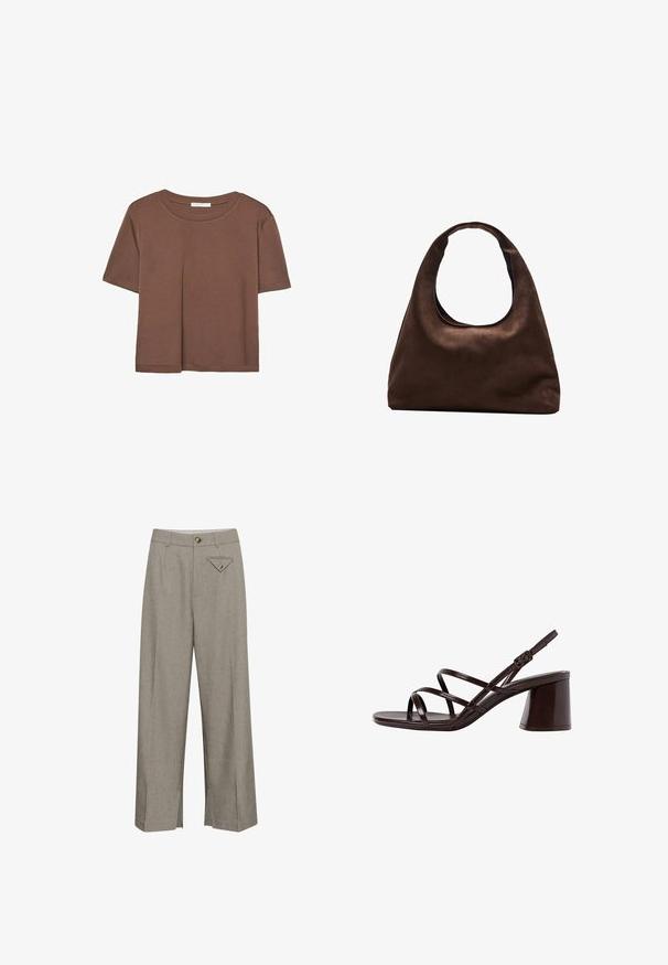 Braunes, kurzärmliges T-Shirt aus weichem Material mit rundem Halsausschnitt und lockerer Passform. Keine sichtbaren Muster oder Akzente.; Weite Hose aus hellgrauem Stoff mit einem vorderen Knopfverschluss, zwei seitlichen Taschen und einer dekorativen, diamantförmigen Gesäßtasche.; Braune, geschnallte High-Heel-Sandalette mit einem dicken Absatz, die über eine glatte, glänzende Oberfläche und mehrere überkreuzte Riemen im Obermaterial verfügt.; Weiche braune Hobo-Stil Handtasche mit einem einzigen breiten Trageriemen und einer geschwungenen Oberteilöffnung, auf einem weißen Hintergrund präsentiert.