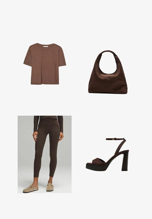 Brązowa koszulka z krótkim rękawem, wykonana z miękkiego materiału, z okrągłym dekoltem i luźnym krojem. Brak widocznych wzorów lub akcentów.; Brązowe legginsy w wysokim stanie wykonane z elastycznego materiału, dopasowany krój z gładką teksturą, połączone z casualowymi beżowymi klapkami.; Brązowe zamszowe sandały na wysokim obcasie z odkrytymi palcami, regulowanym paskiem na kostce i paskowatą podeszwą.; Miękka, brązowa torebka w stylu hobo z jedną szeroką rączką i wyprofilowanym otwarciem, wyeksponowana na białym tle.