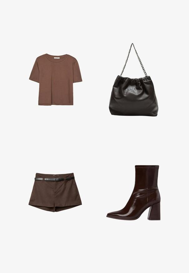 Rjava kratka majica s kratkimi rokavi iz mehkega materiala, s krožnim izrezom in ohlapnim krojem. Brez vidnih vzorcev ali dodatkov.; Rjave krojene kratke hlače z ozkim črnim pasom, prejetim skozi zanke za pas, prikazane na belem ozadju.; Rjave lakirane gležnjerice s šiljastim prstom, elastičnim gležnjem i chunky blok petom. Elegantno dizajnirane s glatkom teksturom.; Rjava usnjena torba z nabranim vrhom in verižnim trakom. Gladka tekstura z sijajno površino in subtilnimi šivi na straneh.