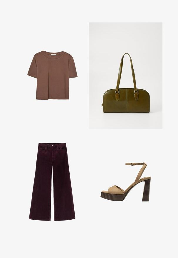 Brun kortärmad t-shirt i mjukt tyg, med rund halsringning och avslappnad passform. Inga synliga mönster eller detaljer.; Vida vida byxor i djupburgundy med vida ben, hög midja, knappstängning och klassisk femficksdesign med ribbad textur.; Beiga suède högklackade sandaler med ett brett framrem och ankelsrem, med en kraftig träblockklack med en strukturerad yta.; Olivgrön läderhandväska med rundad form, dubbla handtag och sömlig front. Har en len yta och subtila sömnadsdetaljer.