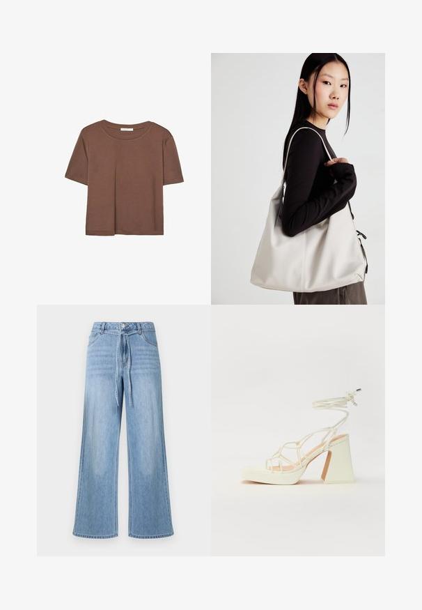 Brun kortärmad t-shirt i mjukt tyg, med rund halsringning och avslappnad passform. Inga synliga mönster eller detaljer.; Ljusa blå vida jeans i denim med knytbar midja, framfickor och en klassisk design med fem fickor samt subtila blekningar.; Vit högklackad sandal med en kraftig klack, med ett remdesign och ankelband. Slät textur med en plattform framtill för ökad höjd.; Beige handväska tillverkad av mjukt material, med en avslappnad design, sydda detaljer och två axelremmar. Lämplig för dagligt bruk.