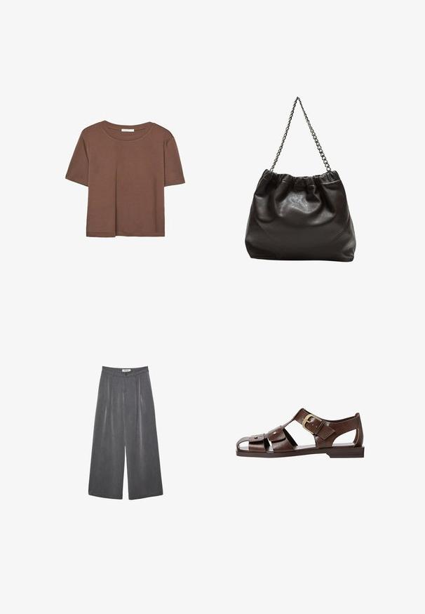 Maglietta a maniche corte marrone realizzata in tessuto morbido, con scollatura rotonda e vestibilità rilassata. Nessun motivo o dettaglio visibile.; Pantaloni ampi a pieghe in tessuto grigio scuro con una sottile texture. Presentano una chiusura con bottone e un design della vita classico.; Sandal in pelle marrone con un design a intaglio, cinturino laterale regolabile e suola piatta, con dettagli metallici e punta aperta.; Borsa in pelle marrone con parte superiore arricciata e tracolla a catena. Texture liscia con finitura lucida e dettagli di cucitura sottili sui lati.