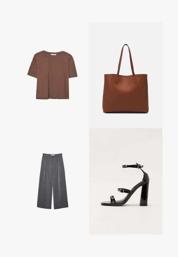 Brun kortærmet t-shirt lavet af blødt stof, med rund halsudskæring og afslappet pasform. Ingen synlige mønstre eller detaljer.; Plisserede vide bukser i en mørkegrå stof med en subtil tekstur. Har en knaplukning og et klassisk talje-design.; Sorte patenterede hælsandaler med firkantet tå, ankelremme og sølvspænder. Har en chunky blokHæl for stabilitet.; Brun læder tote taske med en glat overflade, åben topdesign og to skulderremme. Har minimal syning og ingen synlig hardware.