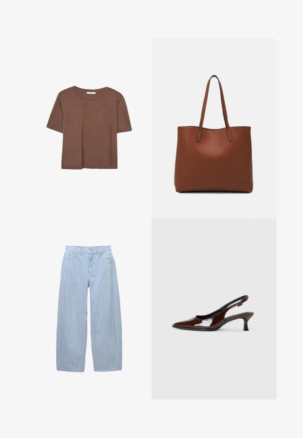 Rjava kratka majica s kratkimi rokavi iz mehkega materiala, s krožnim izrezom in ohlapnim krojem. Brez vidnih vzorcev ali dodatkov.; Modre in bele prugaste široke hlače iz blaga z mehko teksturo. Imajo dve sprednji žepi in zapiranje na gumbe.; Rjavi lakirani slingback čevelj z ostro konico in zmerno peto. Ima zaponko za varno prileganje. Gladka tekstura.; Rjava usnjena torba z gladko teksturo, odprto zasnovo zgoraj in dvema naramnima trakovoma. Opremljena je z minimalnim šivanjem in brez vidnih kovinskih delov.