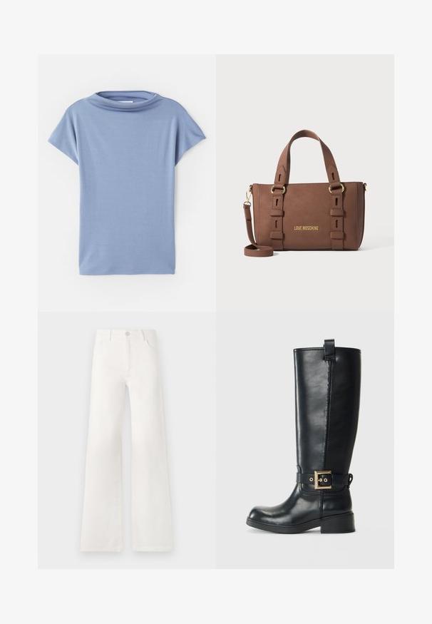Lyseblå kortermet topp laget av myk stoff. Har scoop neck-design og løs passform, med rene sømmer og uten mønstre.; Hvite, høyt liv brede ben jeans laget av denim. Har knappelukking, to frontlommer og sidesømmer med sømdetaljer.; Sorte knelange læderstøvler med en lav blokhæl, dekorativ guldfarvet spænde om anklen og en løkke øverst.; Brun Love Moschino veske med doble håndtak, justerbar skulderreim og gullfarget maskinvare på en enkel bakgrunn.