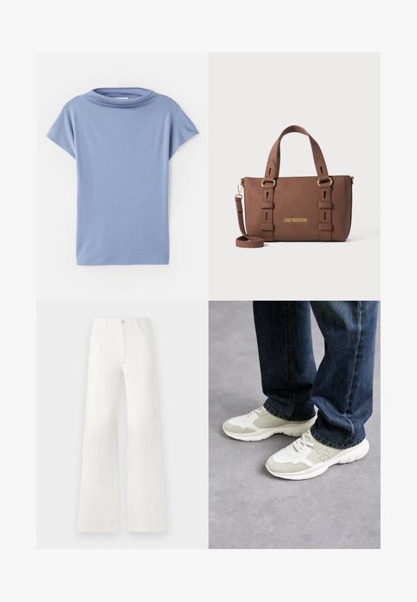 Vaaleansininen lyhytnhihainen paita, joka on valmistettu pehmeästä kankaasta. Siinä on pyöreä pääntie ja väljä malli, puhtaat saumat ja ei kuvioita.; Valkoiset, korkeavyötäröiset ja leveälahkeiset farkut, jotka on valmistettu denimkankaasta. Ominaisuuksiin kuuluu napp closure, kaksi etutaskua ja sivusaumojen ompeluyksityiskohdat.; Urheilukengät vaaleanharmaasta ja pehmeästä beigestä verkkokankaasta, jossa on mokkanahkaosia. Varustettu nauhoitusjärjestelmällä ja paksulla valkoisella kumipohjalla. Yhdistetty sinisiin farkkuihin.; Ruskea Love Moschino -laukkua, jossa on kaksoiskahvat, säädettävä olkahihna ja kultasävyiset metalliosat, tasaisella taustalla.