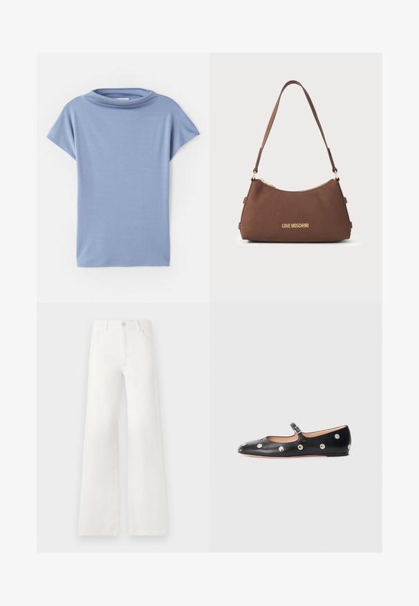Světle modrý tričko s krátkým rukávem vyrobené z měkké látky. Má design s kulatým výstřihem a volný střih, s čistými lemy a bez vzorů.; Bílé džíny s vysokým pasem a širokými nohavicemi vyrobené z denimové látky. Mají zapínání na knoflík, dvě přední kapsy a boční švy se švy.; Černé kožené baleríny typu Mary Jane s kulatou špičkou, zdobené stříbrnými kulatými nýty a nastavovacími popruhy se sponou.; Hnědá kožená taška přes rameno se zlatým zipem a logem "LOVE MOSCHINO" ve zlatém písmu na přední straně.