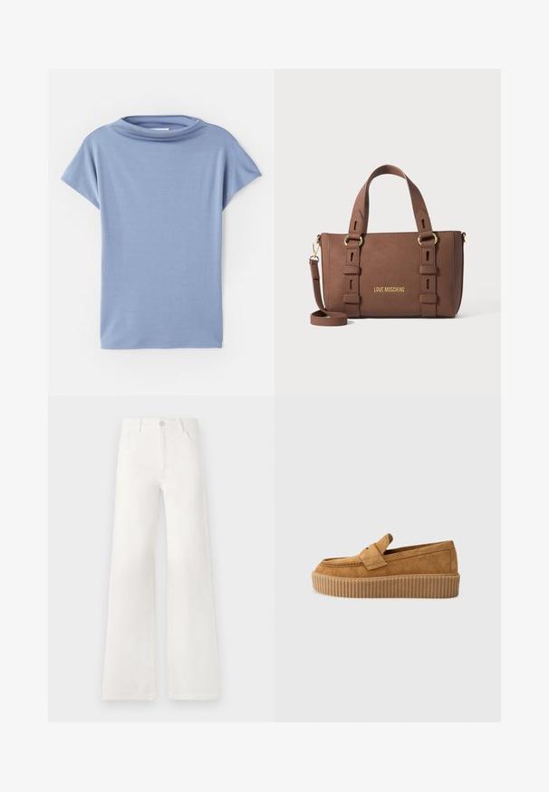 Top scurt de culoare bleu deschis, fabricat dintr-un material moale. Are un decolteu rotund și o croială lejeră, cu margini curate și fără modele.; Jeans albe, cu talie înaltă și croială largă, realizate din denim. Dispun de închidere cu buton, două buzunare frontale și cusături detaliate pe laterale.; Mocasini din nubuc maroniu cu vârf rotund, având o talpă platformă cu nervuri și o curea decorativă peste partea superioară.; Geantă Love Moschino de culoare maro, cu mânere duble, curea de umăr ajustabilă și accesorii din metal auriu, pe un fundal simplu.