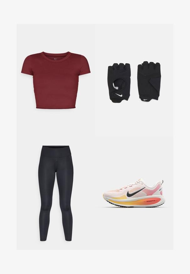 Burgundy, short-sleeved crop top made of smooth fabric with a round neckline. Minimalist design, no visible logos or patterns.; Black leggings made of smooth, stretchy fabric. High waist with no visible patterns or accents. Fit closely from waist to ankles.; Nike Performance VOMERO 18 - Road running shoes - white/black/bright crimson/laser orange/light crimson; Black fingerless gloves made of stretchy material, featuring an open palm design, grip accents, and the Nike logo in white.