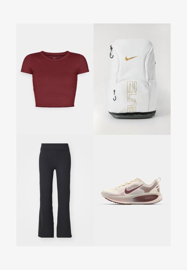 Bordowy crop top z krótkim rękawem, wykonany z gładkiego materiału z okrągłym dekoltem. Minimalistyczny design, bez widocznych logo czy wzorów.; Czarne rozszerzane spodnie z elastycznego materiału z wysokim stanem. Charakteryzują się czystymi liniami i gładką fakturą, idealne na co dzień.; Nike Performance VOMERO 18 taupe; Plecak Nike w białym kolorze z złotym logo i napisem "ELITE", z zamknięciem na zamek, siateczkowymi kieszeniami bocznymi oraz czarną podstawą. Gładka tekstura.